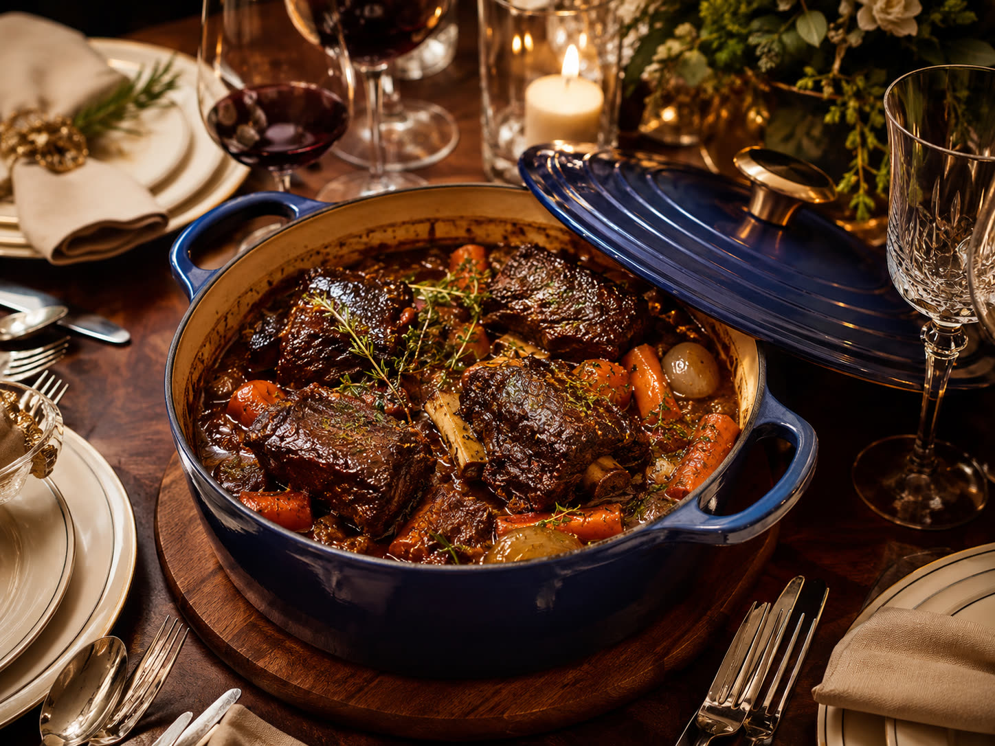 Braised short ribs in a blue Dutch oven
