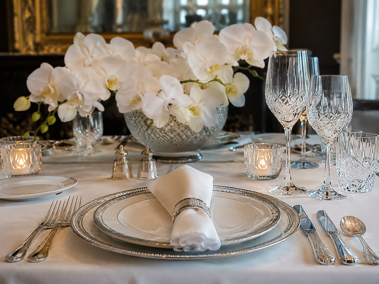 Elegant dinner place setting with gold flatware and floral table details