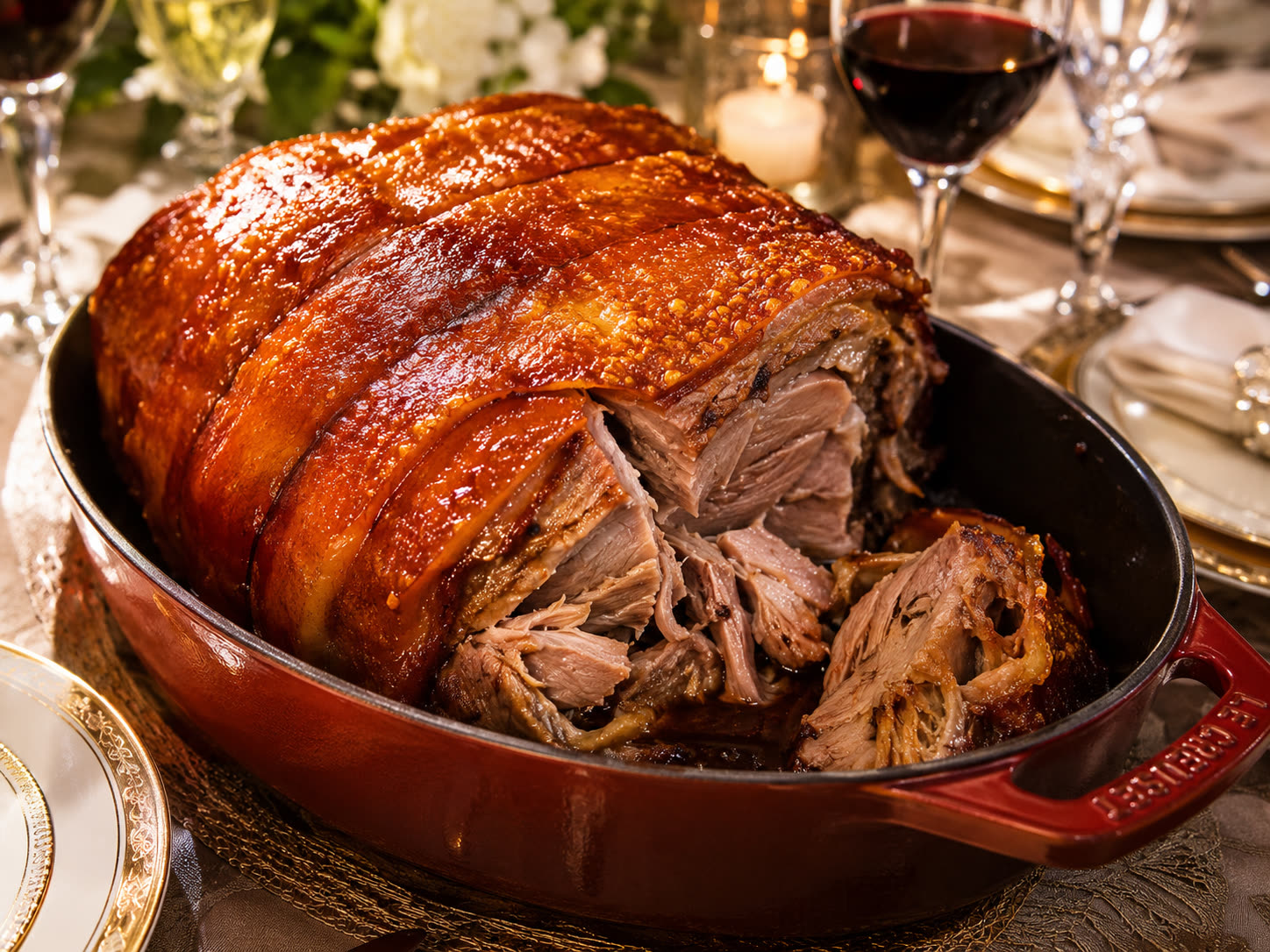 Lechon roast pork served in a red Dutch oven