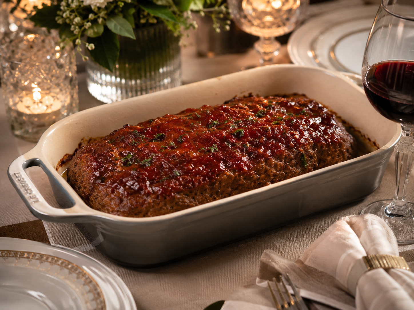 Rustic meat loaf served in a white casserole dish