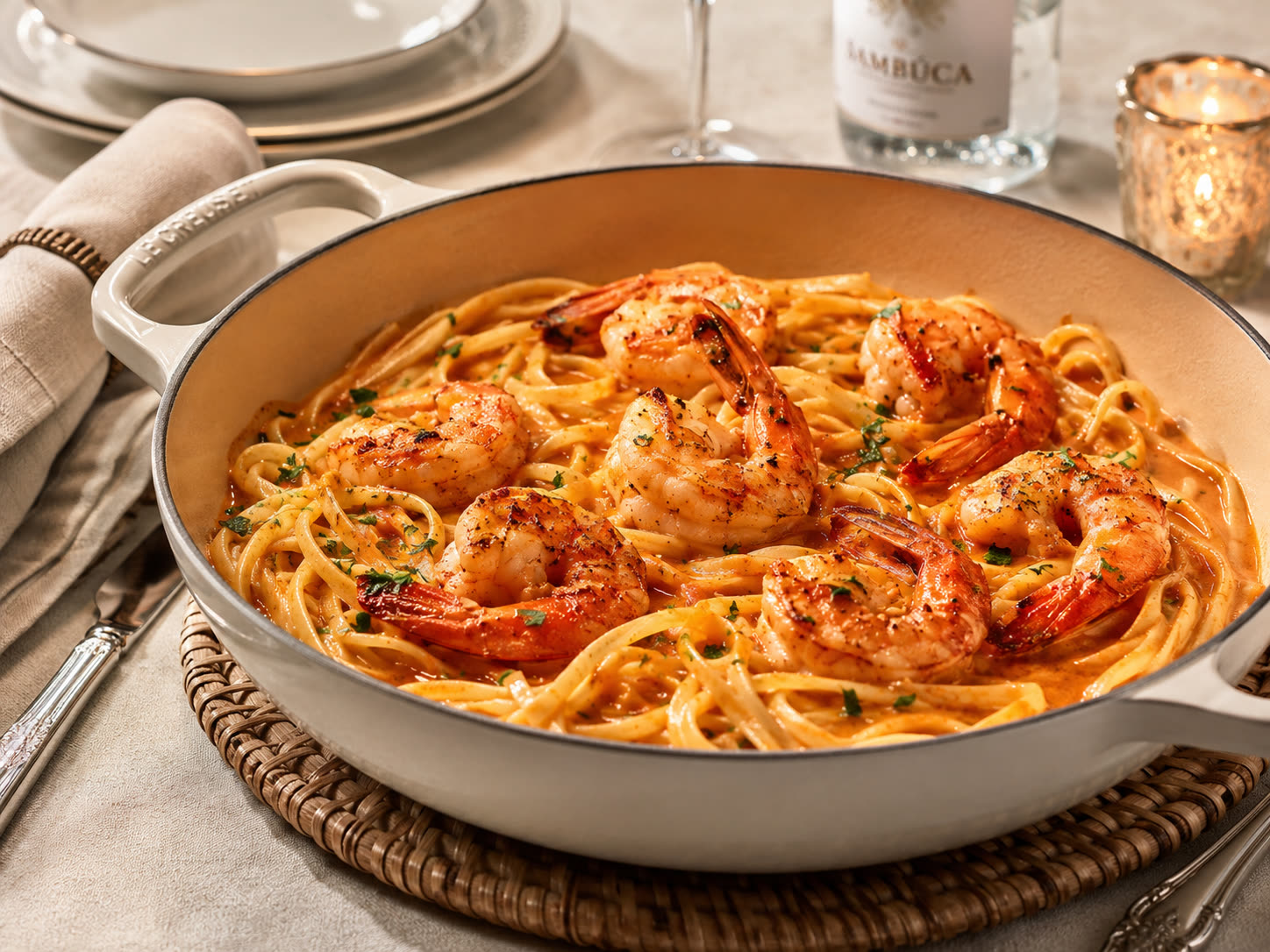 Shrimp Sambuca with pasta served in a white pan